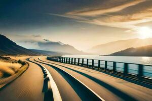 un' auto guida su un' autostrada con montagne nel il sfondo. ai-generato foto