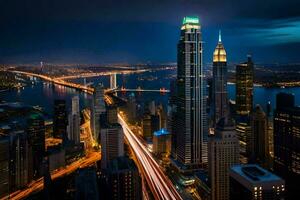 il città orizzonte a notte con traffico luci. ai-generato foto