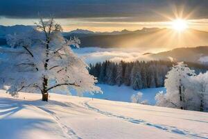 un' albero nel il neve con il sole splendente. ai-generato foto