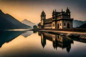 il riflessione di un' bellissimo edificio nel il acqua. ai-generato foto