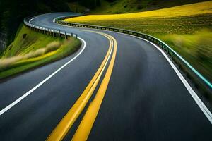 un' lungo, avvolgimento strada con giallo Linee. ai-generato foto