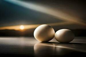 Due uova su un' tavolo con un' luminosa leggero dietro a loro. ai-generato foto