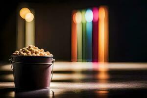 un' secchio di arachidi su un' tavolo nel davanti di un' illuminato candela. ai-generato foto