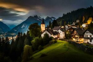 foto sfondo il cielo, montagne, nuvole, notte, montagne, villaggio, Svizzera, al. ai-generato