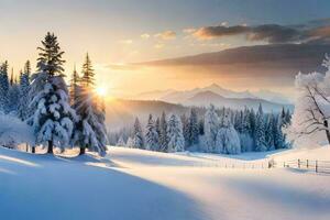 un' nevoso paesaggio con alberi e il sole ambientazione. ai-generato foto