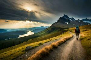 un' persona a piedi su un' pista nel il montagne. ai-generato foto