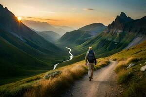 un' uomo a piedi giù un' sentiero nel il montagne. ai-generato foto