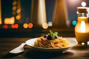 spaghetti con mirtilli e basilico su un' piatto. ai-generato foto