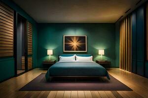 un' Camera da letto con un' letto e di legno pavimentazione. ai-generato foto
