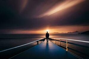 un' uomo in piedi su un' ponte guardare a il tramonto. ai-generato foto