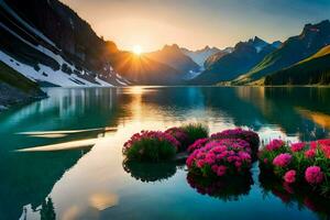 il sole sorge al di sopra di il montagne e fiori nel il acqua. ai-generato foto