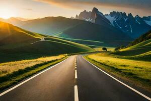 un' strada nel il montagne con il sole ambientazione. ai-generato foto