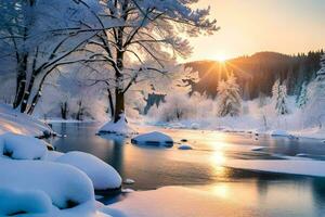 inverno è In arrivo, il sole è ambientazione al di sopra di un' fiume. ai-generato foto