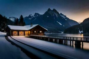 un' cabina si siede su il riva di un' lago a tramonto. ai-generato foto