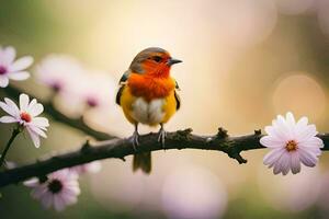 un' uccello si siede su un' ramo con fiori nel il sfondo. ai-generato foto