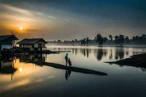 un' uomo a piedi attraverso il acqua a Alba. ai-generato foto