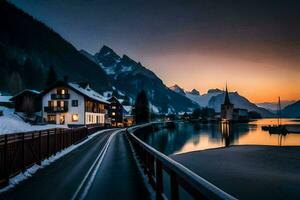 un' strada principale per un' lago nel il montagne. ai-generato foto