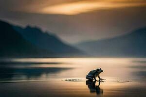 un' rana seduta su il bordo di un' lago a tramonto. ai-generato foto