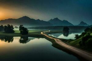 un' strada principale per un' lago a tramonto. ai-generato foto