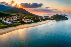 un' spiaggia e montagne a tramonto. ai-generato foto