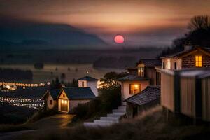 un' bellissimo tramonto al di sopra di un' piccolo villaggio. ai-generato foto