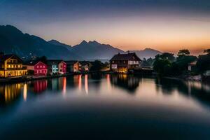 un' fiume e case nel il montagne a tramonto. ai-generato foto