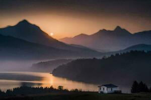 un' piccolo Casa si siede su il bordo di un' lago con montagne nel il sfondo. ai-generato foto