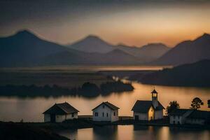 un' piccolo Chiesa si siede su il bordo di un' lago a tramonto. ai-generato foto