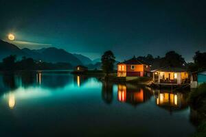 il Luna è splendente al di sopra di un' lago a notte. ai-generato foto