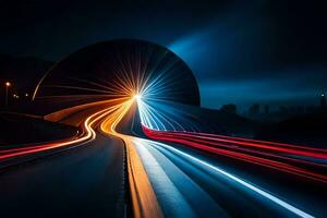 un' lungo esposizione foto di un' autostrada a notte. ai-generato