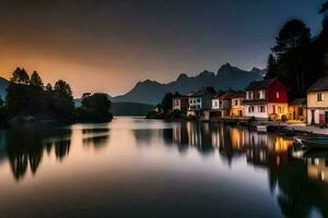 un' lago e case a tramonto nel il montagne. ai-generato foto