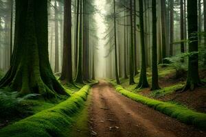 un' sporco strada nel un' foresta con alberi e muschio. ai-generato foto