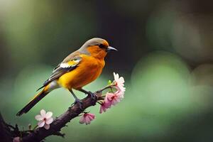 un' piccolo arancia uccello è arroccato su un' ramo. ai-generato foto