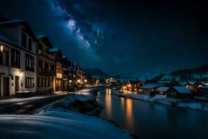 un' fiume corre attraverso un' cittadina a notte con neve su il terra. ai-generato foto