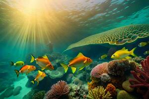 un' corallo scogliera con pesce e sole raggi. ai-generato foto