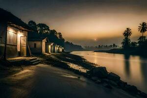 un' piccolo villaggio di il fiume a tramonto. ai-generato foto