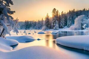 un' nevoso fiume con ghiaccio e alberi. ai-generato foto