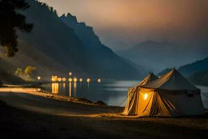 un' tenda è impostato su su il riva di un' lago a crepuscolo. ai-generato foto