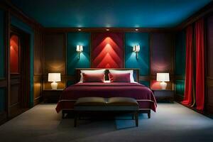 un' Camera da letto con rosso e blu muri e un' letto. ai-generato foto