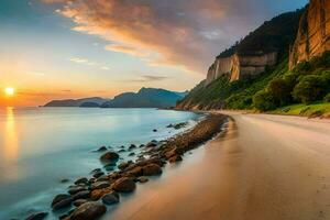 un' spiaggia a tramonto con rocce e alberi. ai-generato foto