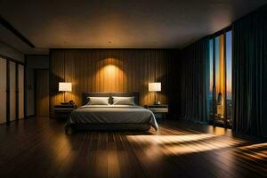 un' Camera da letto con di legno piani e un' letto. ai-generato foto