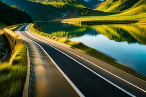 un' strada con un' lago nel il sfondo. ai-generato foto