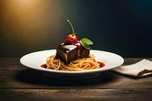 spaghetti con carne e ciliegia su un' piatto. ai-generato foto