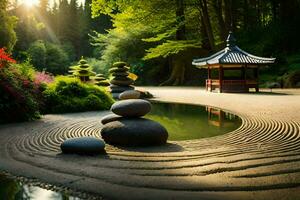 un' zen giardino con rocce e acqua. ai-generato foto