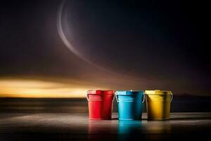 tre colorato tazze sedersi su un' tavolo nel davanti di un' tramonto. ai-generato foto