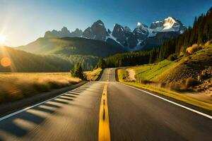 un' strada nel il montagne con montagne nel il sfondo. ai-generato foto