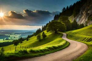 un' avvolgimento strada nel il montagne con alberi e erba. ai-generato foto