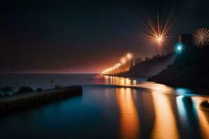 fuochi d'artificio al di sopra di il acqua a notte. ai-generato foto