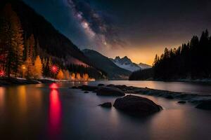 foto sfondo il cielo, montagne, lago, il latteo modo, il stelle, il mil. ai-generato