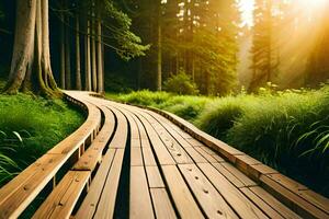 di legno sentiero nel il foresta a tramonto. ai-generato foto